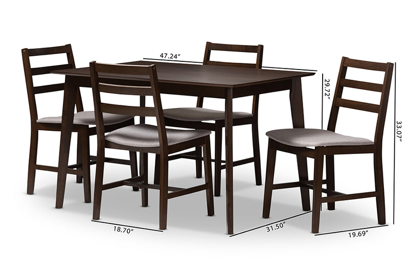 Nadine Dining Set Modern 5-Piece Collection with Walnut Finish and Light Grey Fabric Upholstery