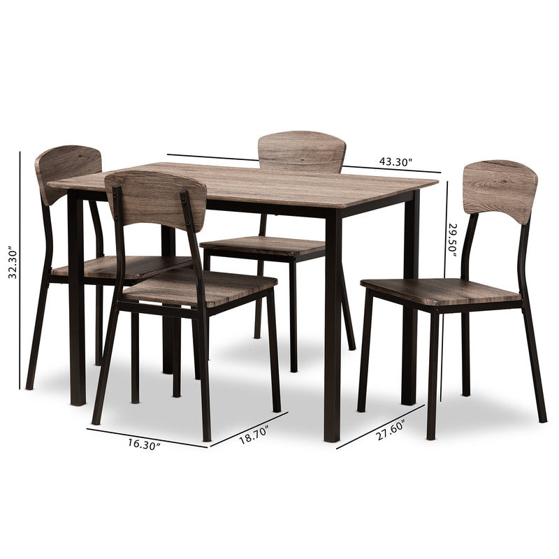 Marcus Modern Industrial 5-Piece Dining Set with Black Metal Frame and Rustic Oak Finish