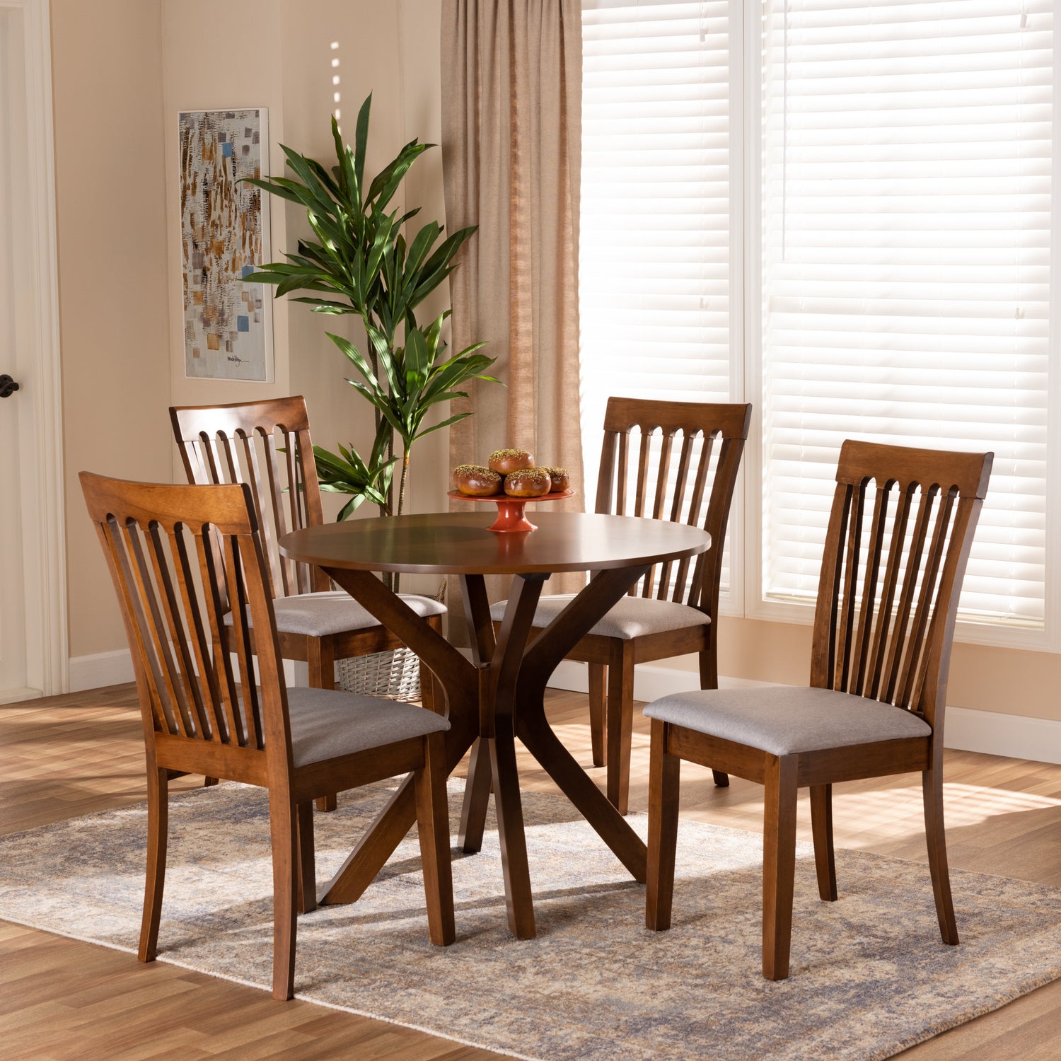 Lore Modern Contemporary 5-Piece Dining Set with Grey Fabric Upholstery and Walnut Brown Finish