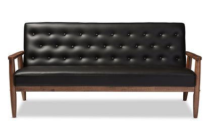 Sorrento Sofa Mid-century Retro Modern Black Faux Leather Upholstered Wooden 3-seater