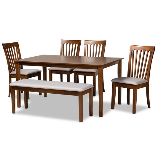 Minette Dining Set Modern Contemporary Grey Fabric Upholstered Walnut Brown Finished Wood 6-Piece