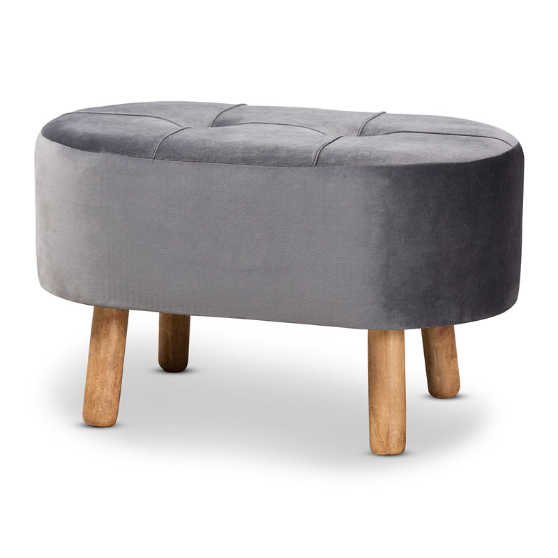 Simone Mid-Century Modern Ottoman Grey Velvet Upholstered Wood Footrest for Stylish Living Room Decor