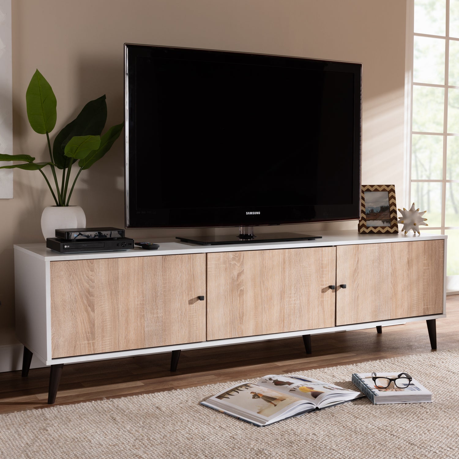 Bastien Mid-Century Modern TV Stand with 6 Shelves in White and Light Oak Finish