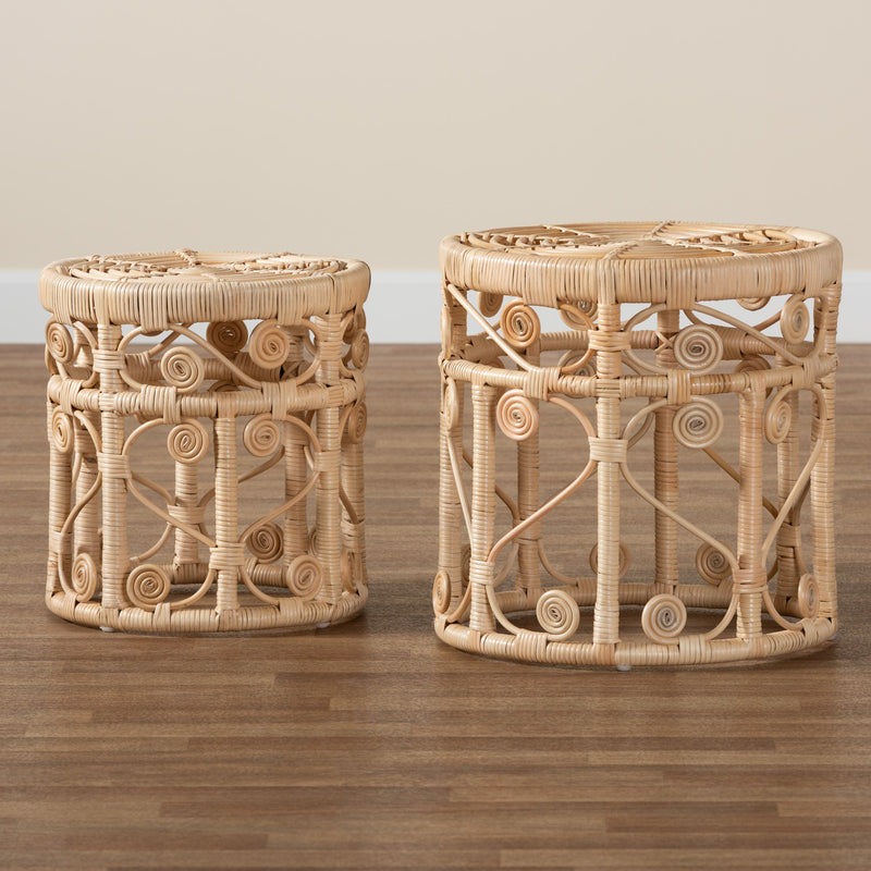 Bowie Rattan Nesting End Table Set - Modern Bohemian Style, Natural Brown Finish, 2-Piece Design for Living Room or Bedroom