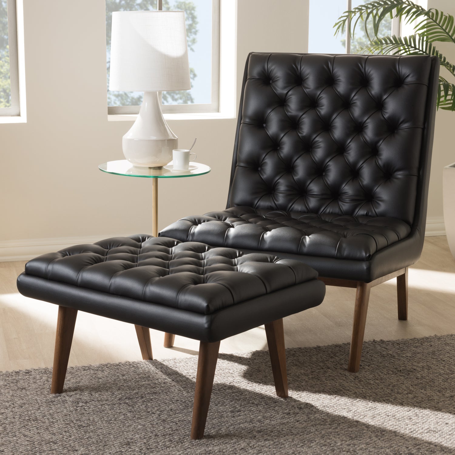 Annetha Mid-Century Modern Chair and Ottoman Set Black Faux Leather Upholstered with Walnut Finished Wood Stylish Accent Furniture for Living Room or Office