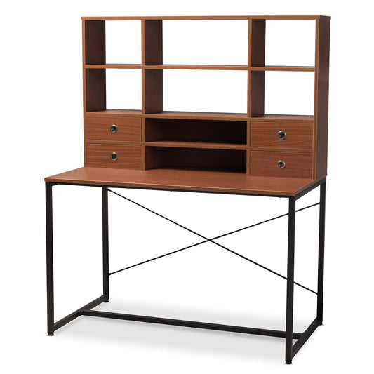 Edwin Rustic Industrial 2-in-1 Bookcase Writing Desk in Brown Wood and Metal