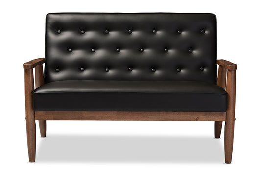 Sorrento Loveseat Mid-century Retro Modern Black Faux Leather Upholstered Wooden 2-seater