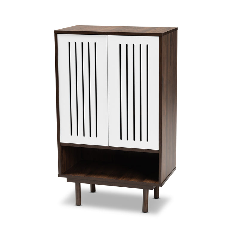 Meike Shoe Cabinet - Mid-Century Modern Two-Tone Walnut Brown and White Wood with 2 Doors for Stylish Storage Solutions