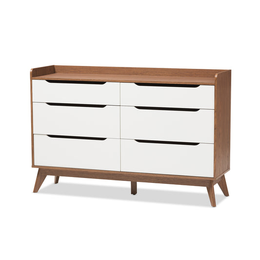 Brighton Dresser Mid-Century Modern 6-Drawer Storage in White and Walnut Wood, Stylish Bedroom Furniture for Organized Spaces