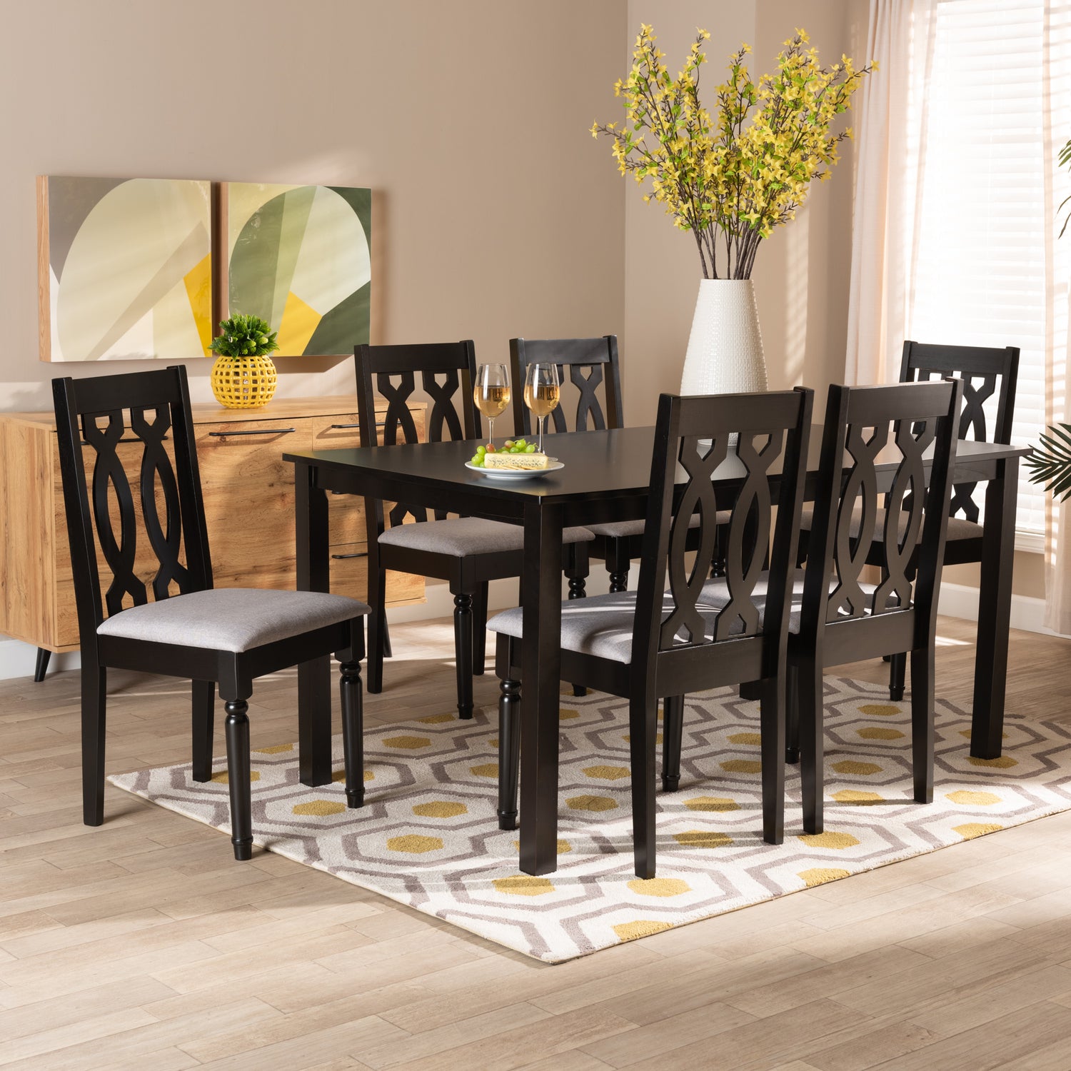 Cherese Dining Set Modern Contemporary Grey Fabric Upholstered Dark Brown Finished Wood 7-Piece