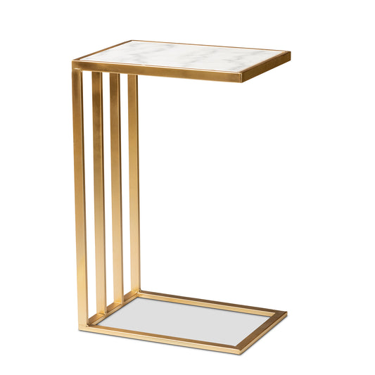 Parkin Modern C-Shaped End Table with Gold Metal Frame and Marble Top