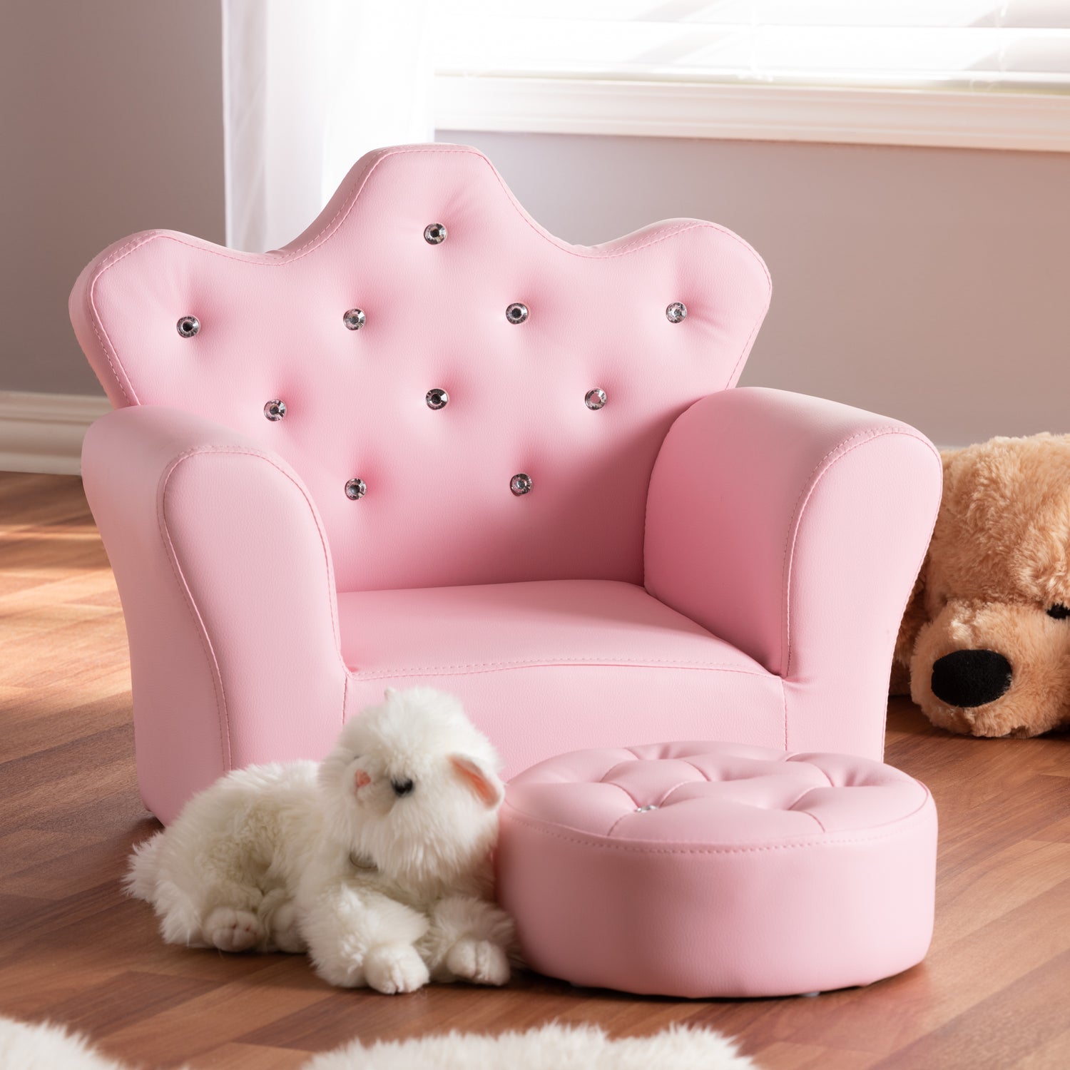 Ava Kids Armchair and Footrest Set Modern Pink Faux Leather 2-Piece Furniture for Children