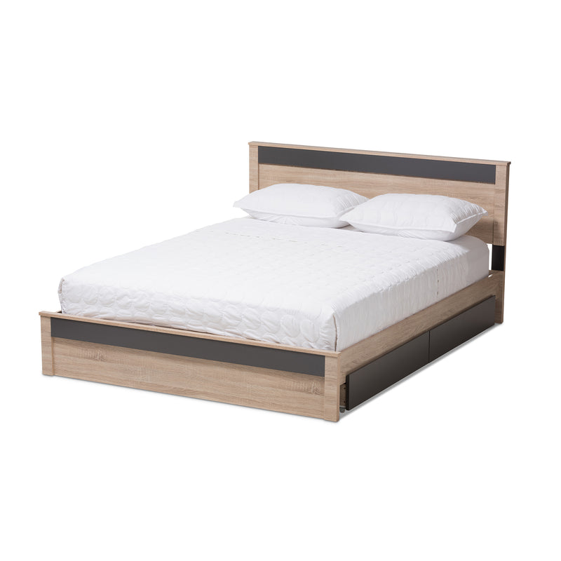 Jamie Queen Size Storage Platform Bed - Modern Two-Tone Oak and Grey Wood with 2 Drawers for Enhanced Organization and Style