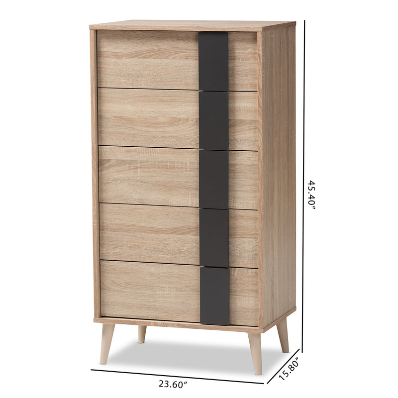 Lisen 5-Drawer Chest in Mid-Century Modern Light Oak and Grey Finish, Stylish Storage for Bedroom or Living Room