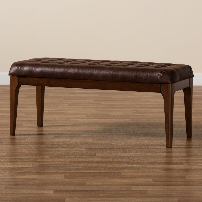 Walsh Dining Bench Mid-Century Modern Dark Brown Leather-Effect Polyester Fabric Upholstered Walnut Brown Finished Wood