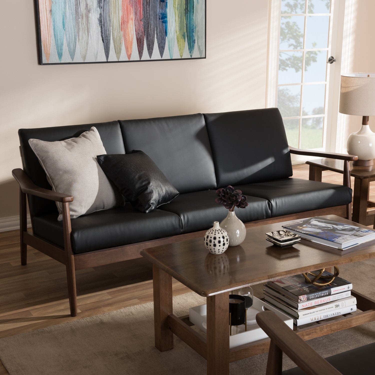 Venza Sofa Mid-Century Modern Walnut Wood Black Faux Leather 3-Seater