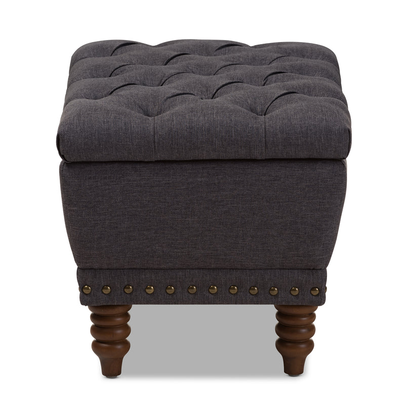 Annabelle Ottoman Modern and Contemporary Dark Grey Fabric Upholstered Walnut Wood Finished Button-Tufted Storage