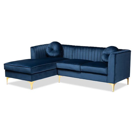 Giselle Glam Luxe Sectional Sofa Navy Blue Velvet Upholstered with Mirrored Gold Finish and Left Facing Chaise