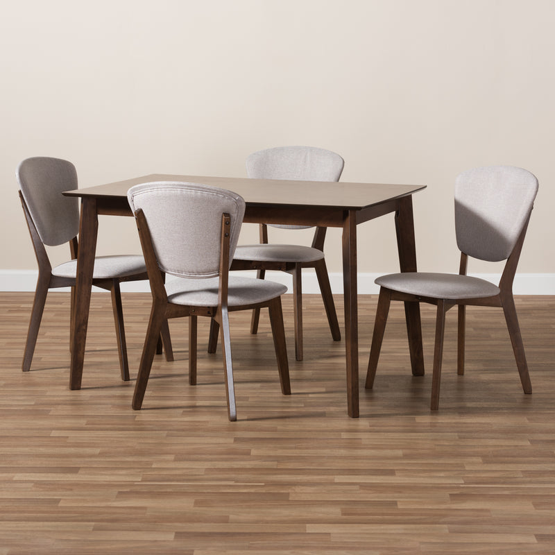 Tarelle Mid-Century Modern 5-Piece Dining Set with Walnut Finish and Light Grey Upholstery