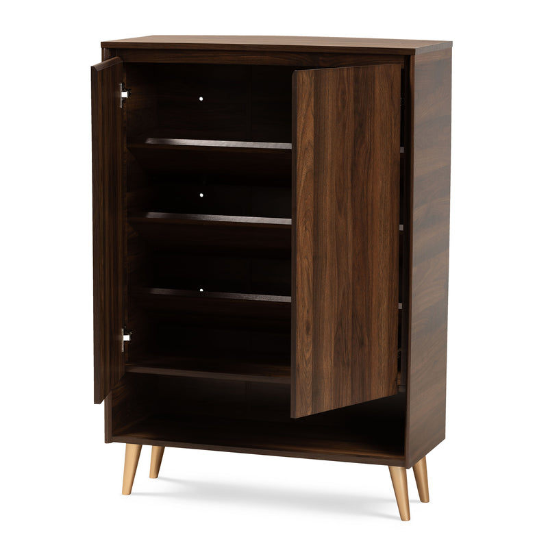 Landen Shoe Storage Cabinet Mid-Century Modern Walnut Brown and Gold Finish with 2 Doors for Entryway Organization