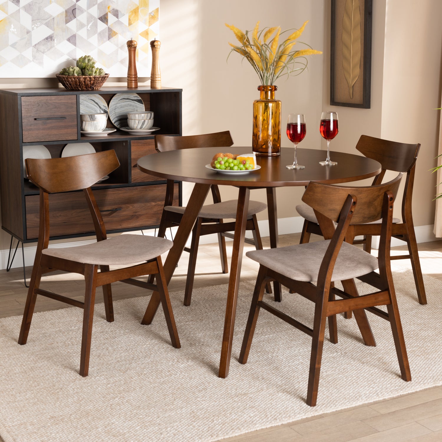 Timothy Dining Set Mid-Century Modern Light Beige Fabric Upholstered Walnut Brown Finished Wood 5-Piece