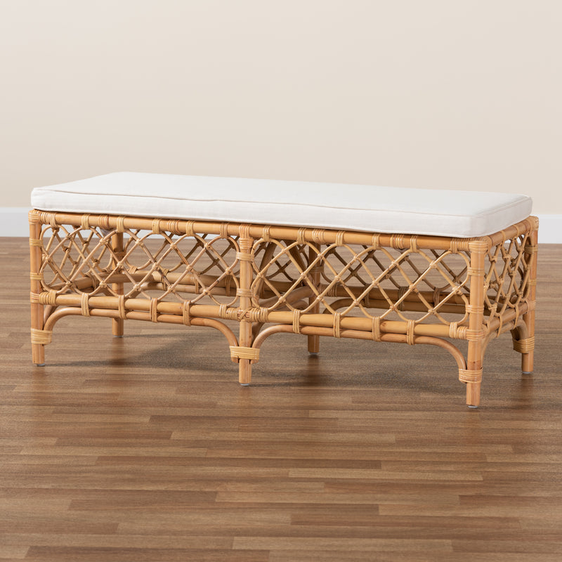 Orchard Modern Bohemian Bench White Fabric Upholstered with Natural Brown Rattan Accents for Stylish Seating and Decor