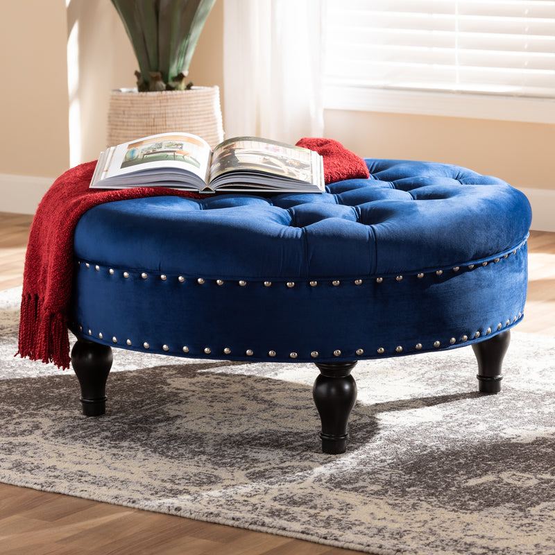 Palfrey Ottoman Transitional Blue Velvet Fabric Upholstered Button Tufted Cocktail