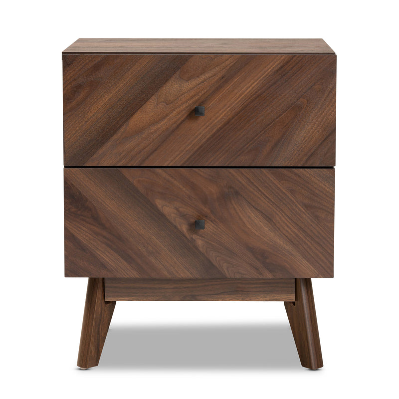 Hartman Mid-Century Modern Nightstand Walnut Brown Finished Wood with 2 Drawers for Stylish Bedroom Storage