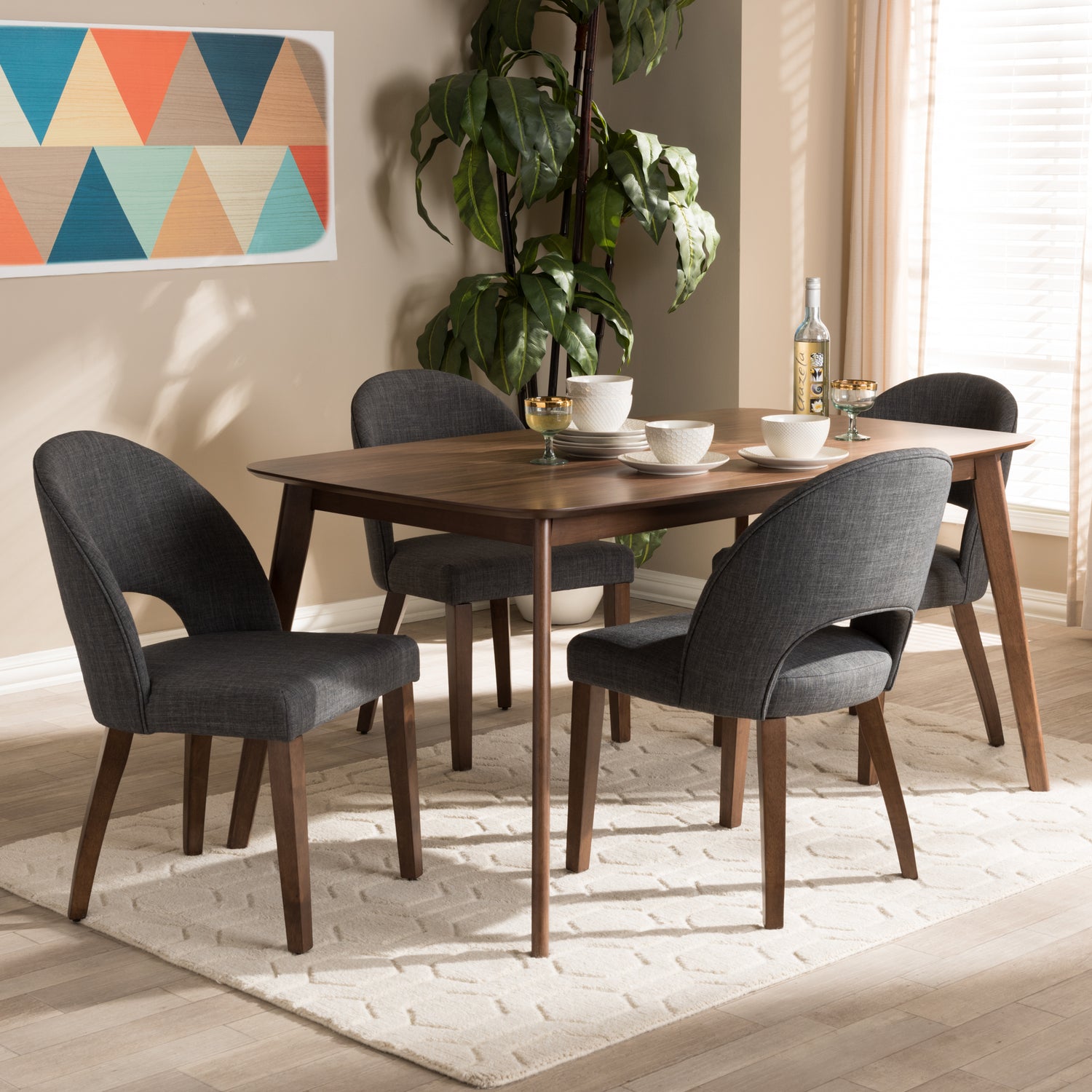 Wesley Dining Set Mid-Century Modern Dark Grey Fabric Upholstered Walnut Finished Wood 5-Piece