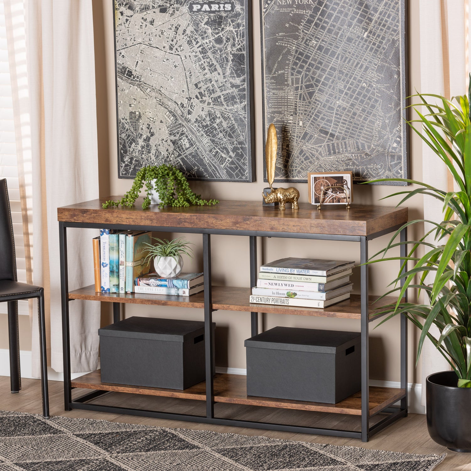 Bardot Console Table Modern Industrial 3-Tier Design in Walnut Brown Wood and Black Metal Frame