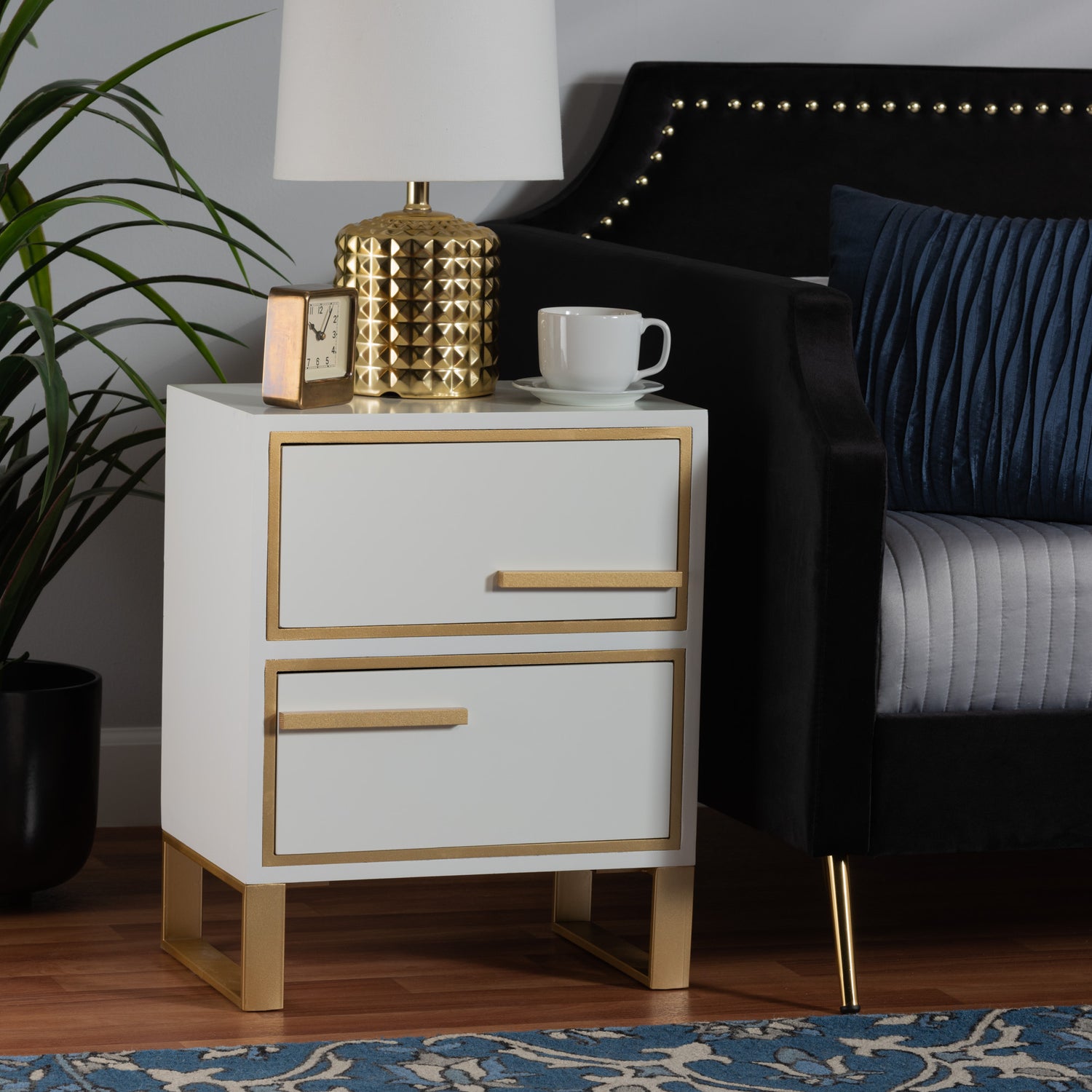 Giolla End Table Contemporary Glam and Luxe White Finished Wood and Gold Metal 2-Drawer