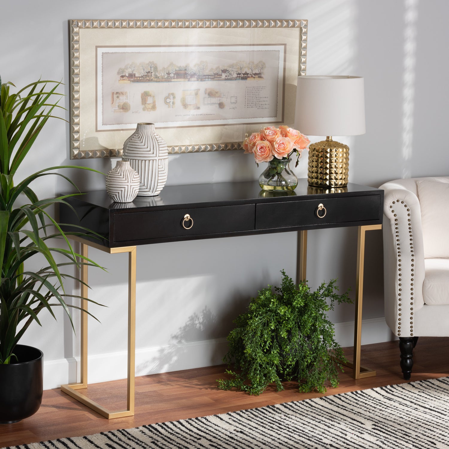 Beagan Console Table Modern and Contemporary Black Finished Wood and Gold Metal 2-Drawer