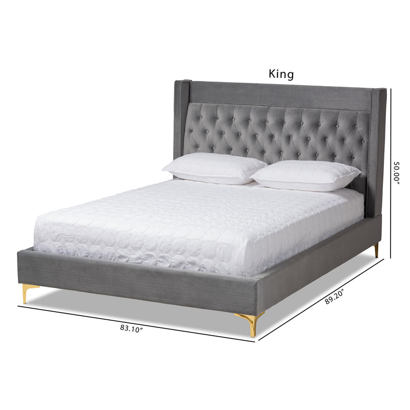 Valery Platform Bed - Modern and Contemporary Dark Gray Velvet Fabric with Gold-Finished Legs