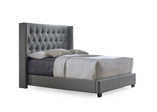 Katherine King Size Wingback Bed in Contemporary Grey Fabric with Nail Head Trim and Elegant Design