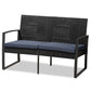 Greta Patio Set Modern 4-Piece Outdoor Furniture with Dark Blue Fabric Upholstery, Black Metal Finish, and Synthetic Rattan