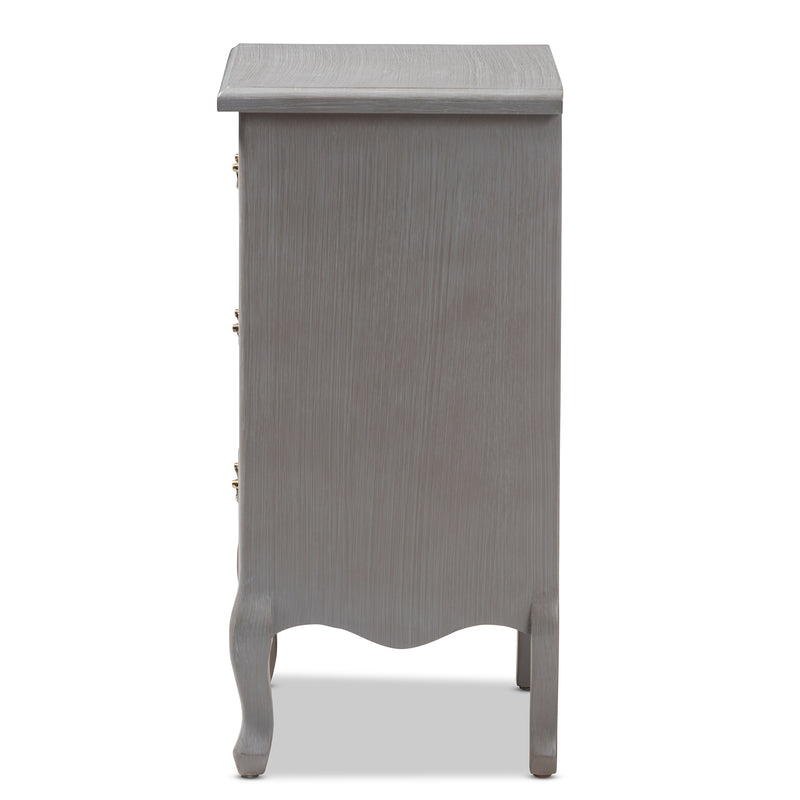 Capucine End Table Antique French Country Cottage Style Grey Finished Wood with 3 Storage Drawers