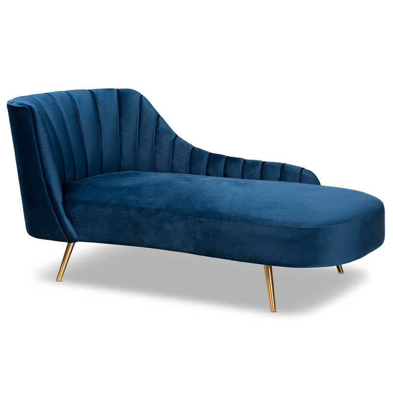 Kailyn Glam Luxe Chaise Lounge Navy Blue Velvet with Gold Finished Legs