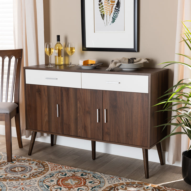 Leena Sideboard Mid-Century Modern Two-Tone White and Walnut Wood 2-Drawer Buffet for Dining Room Storage and Organization