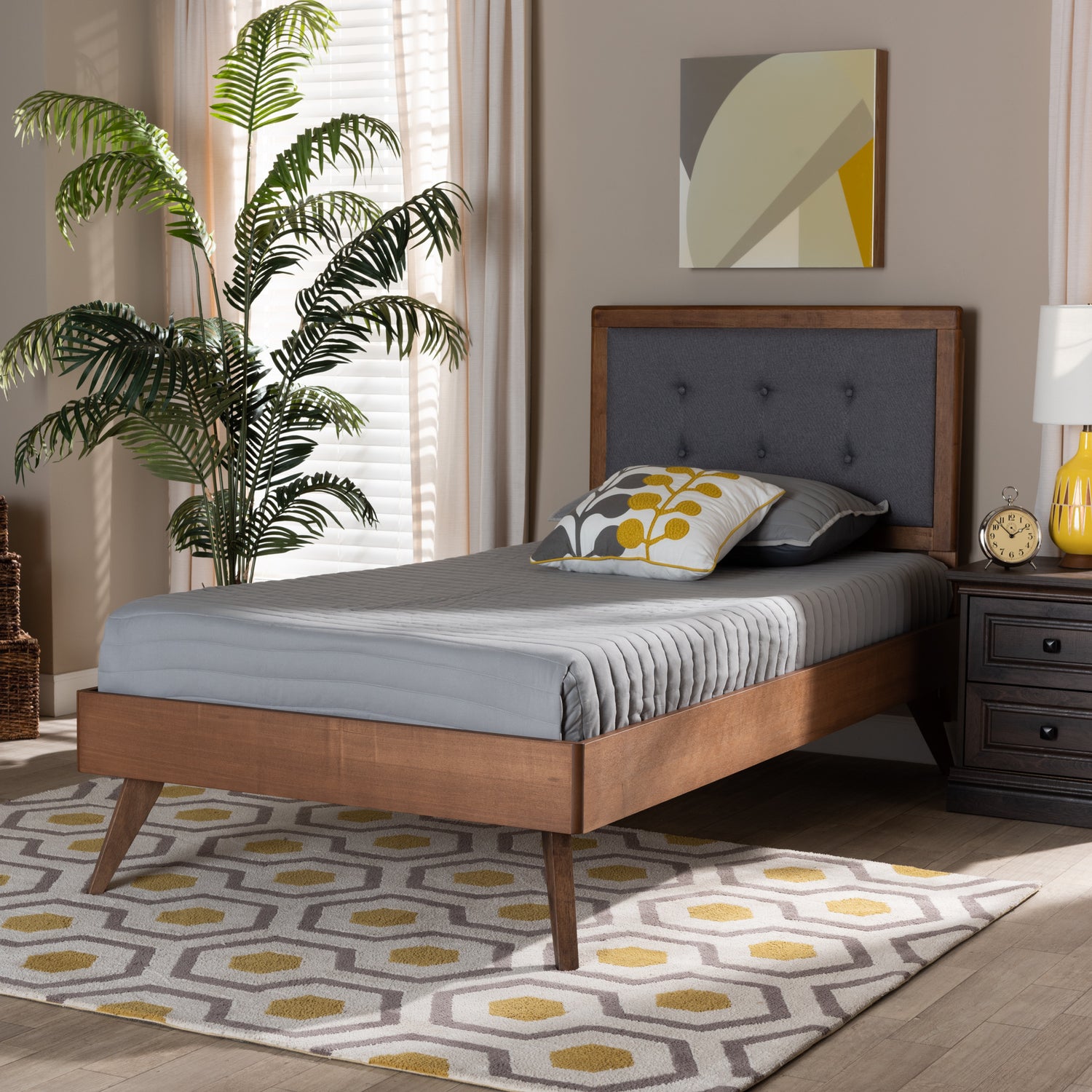 Alida Platform Bed - Mid-Century Modern Dark Grey Fabric Upholstered with Walnut Brown Finished Wood