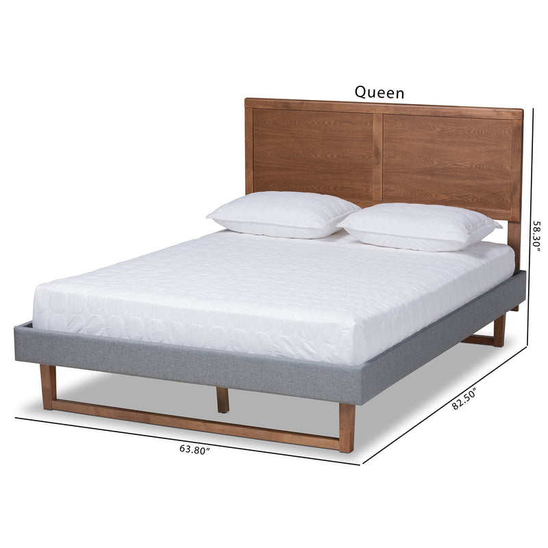 Allegra Platform Bed - Mid-Century Modern Dark Grey Fabric Upholstered with Ash Walnut Brown Finish