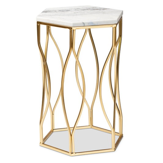 Kalena Modern Gold Metal End Table with Marble Top Contemporary Accent Furniture for Living Room or Bedroom