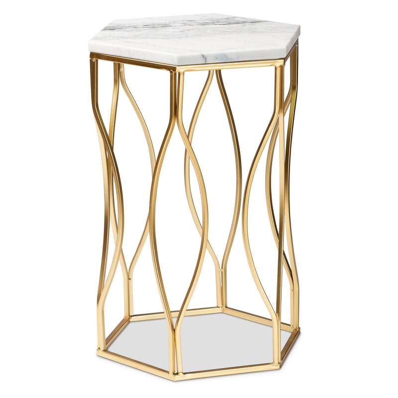 Kalena Modern Gold Metal End Table with Marble Top Contemporary Accent Furniture for Living Room or Bedroom