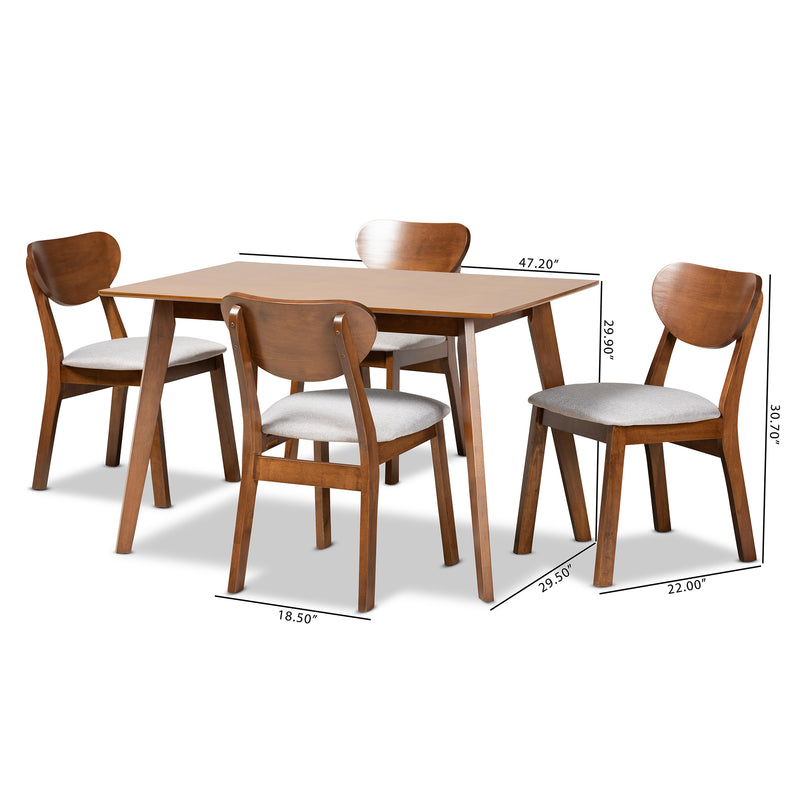 Damara Dining Set Mid-Century Modern Grey Fabric Upholstered Walnut Brown Finished Wood 5-Piece