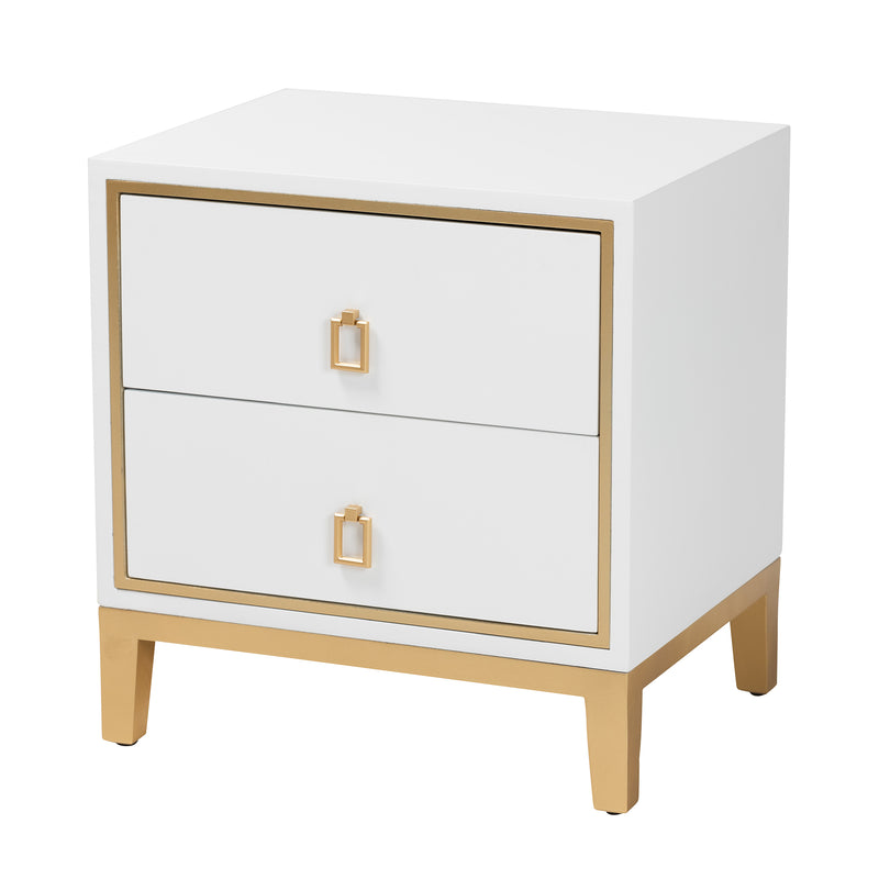 Donald End Table Modern Glam and Luxe White Finished Wood and Gold Metal 2-Drawer