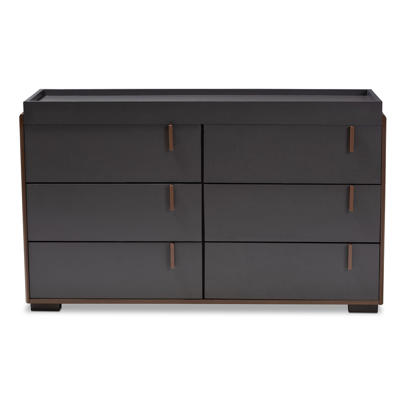 Rikke Dresser: Modern Two-Tone Gray and Walnut Finished Wood 6-Drawer Storage Solution for Bedroom Organization