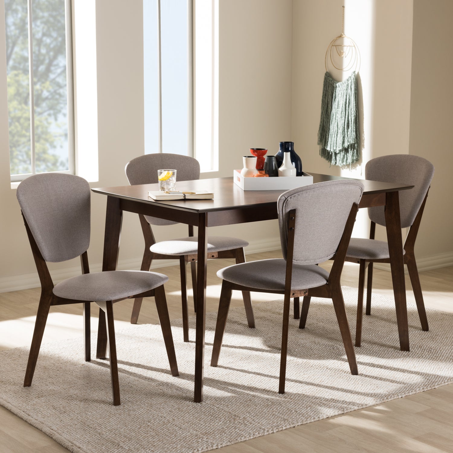 Tarelle Mid-Century Modern 5-Piece Dining Set with Walnut Finish and Light Grey Upholstery