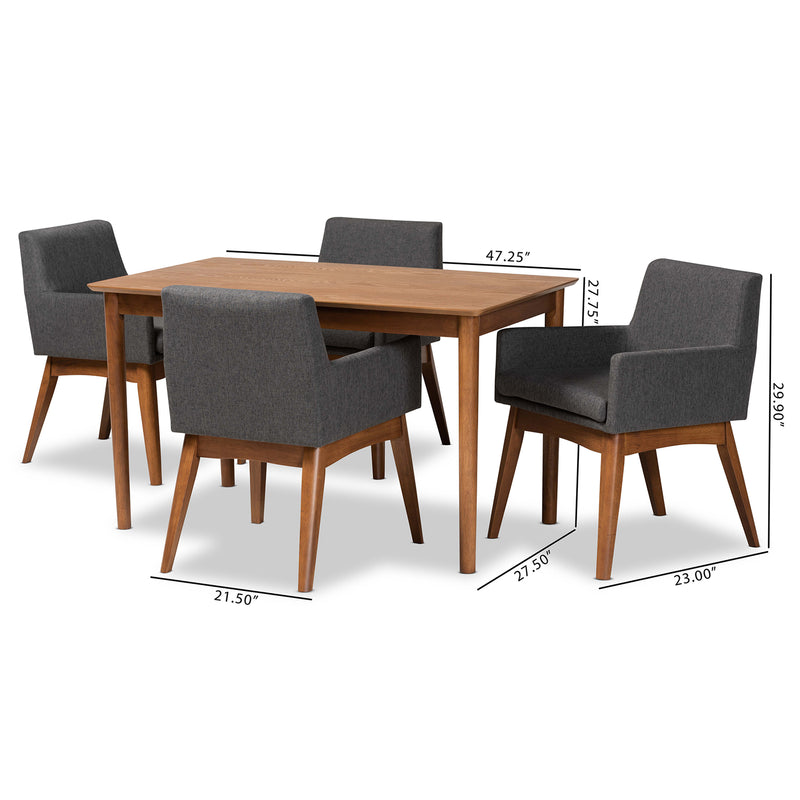 Dorina Dining Set Mid-Century Modern Dark Grey Fabric Upholstered Walnut Brown Finished Wood 5-Piece