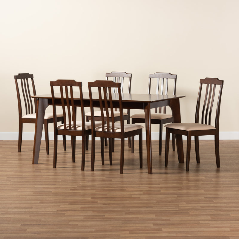 Clarissa Dining Set Mid-Century Modern 7-Piece Cream Fabric and Dark Brown Wood Furniture for Elegant Dining Rooms