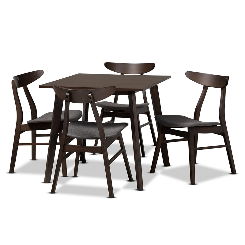 Britte Dining Set Mid-Century Modern Dark Grey Fabric Upholstered Dark Oak Brown Finished 5-Piece