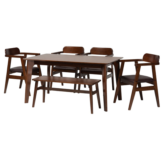 Cleo Dining Set Mid-Century Modern 6-Piece Collection with Espresso Fabric and Dark Brown Wood Finish